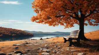A tree with orange leaves and a bench in the background generative ai