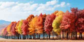 A group of trees with different colored leaves