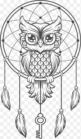 dreamcatcher owl, black and white, line png thumbnail