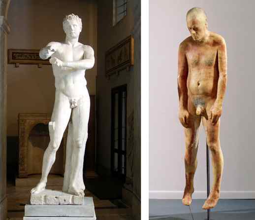 Left: Lysippos, Apoxyomenos (Scraper), Roman copy after a bronze statue from c. 330 B.C.E., 6′ 9″ high (Vatican Museums); right: Kiki Smith, Untitled, 1990, 198.1 × 181.6 × 54 cm, beeswax and microcrystalline wax figures on metal stands (Whitney Museum of American Art, New York) © Kiki Smith