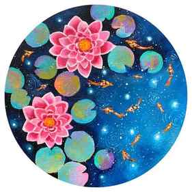 Galaxy water lilies and koi pond ! round canvas painting! ready to hang on wall thumb