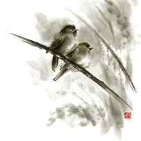 Sparrows sumi-e original ink painting, Sparrow poster, Sparrow Home Decor by Mariusz Szmerdt