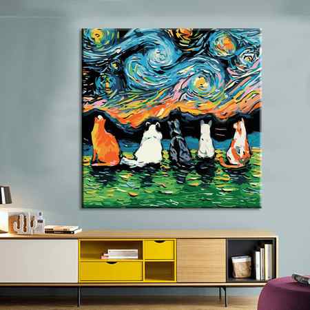 Painting by numbers Five cats under colorful sky