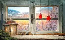 WINDOW CHRISTMAS SCENE, CHRISTMAS, WINTER, LANDTERN, SCENE HD wallpaper