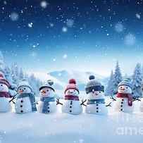 premium Merry Christmas and happy New Year greeting card with copy-space.Many snowmen standing in winter Christmas landscape.Winter background by N Akkash