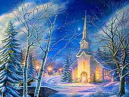 Christmas scene, winter, scene, art, eve, beautiful, church, tree, holiday, painting, pretty, light, snow, christmas, bridge, sky HD wallpaper