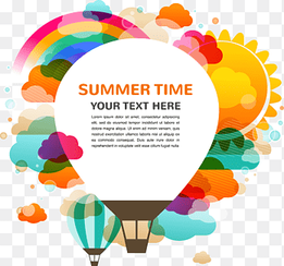 summer time text, Hot air balloon Flight, Colorful hot air balloon background cartoon, cartoon Character, color Splash png thumbnail