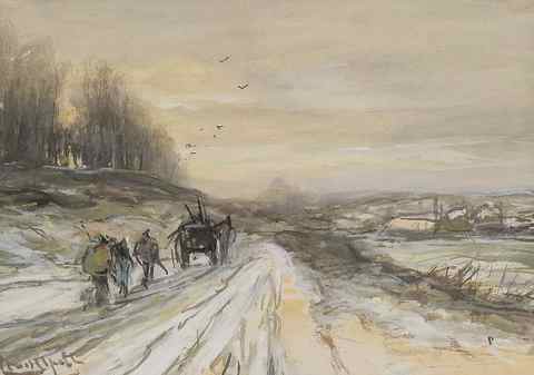 Louis Apol | A horse-drawn cart in a snow-covered landscape, gouache on paper, 16.0 x 21.9 cm, signed l.l.