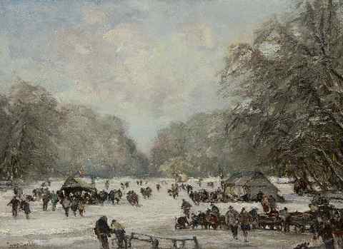 Louis Apol | A crowd enjoying skating on the pond in the Haagse Bos, oil on canvas, 55.4 x 75.5 cm, signed l.l.