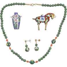 Jade and Cloisonne, 14K GF Clasp, Necklace with Matching Earrings; Cloisonne Horse Pendant;: Jade and Cloisonne, 14K GF Clasp, Necklace 18 in. x 3/8 in. with Matching Earrings 1 in. x 3/8 in.; Cloisonne Horse Pendant 1 3/4 in. x 2 in.; Cloisonne Vase Pendant 1 1/2 in. x 3/4 in.