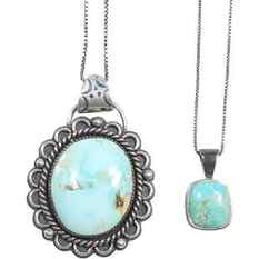 .925 Sterling Silver P.B. Pendant with Turquoise Necklace; .925 Sterling Turquoise Pendant Necklace: .925 Sterling Silver P.B. Pendant with Turquoise 1 in. x 1/2 in. Necklace 16 in. length; .925 Sterling Turquoise Pendant 2 in. x 1 1/2 in. Necklace .925 Sterling Italy 16 in. length box chain