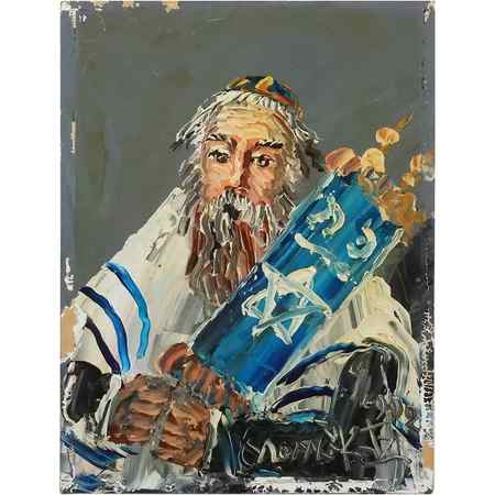 Morris Katz 1992, Jewish American, Acrylic Painting, Rabbi Holding The Torah