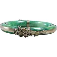 Falcon, Dragon Silver over Copper Band Mounted on Green Jade Bracelet 3 1/4 in. x 3/8 in.: Falcon, Dragon Silver over Copper Band Mounted on Green Jade Bracelet 3 1/4 in. x 3/8 in.