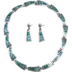 .925 Sterling Silver Mexico TC-222 Earrings and Sterling & Turquoise 15-Panels Necklace: .925 Sterling Silver Mexico TC-222 Earrings 1 3/4 in. x 1/2 in. and Sterling & Turquoise 15-Panels Necklace 18 in. x 1/2 in. .