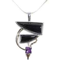 .925 Sterling Silver Mid-Century Modern Black Onyx with Purple Amethyst Pendant Necklace: .925 Sterling Silver Mid-Century Modern Black Onyx with Purple Amethyst Pendant 2 1/4 in. x 1 1/4 in. Necklace .925 Sterling Silver Chain 18 inches length