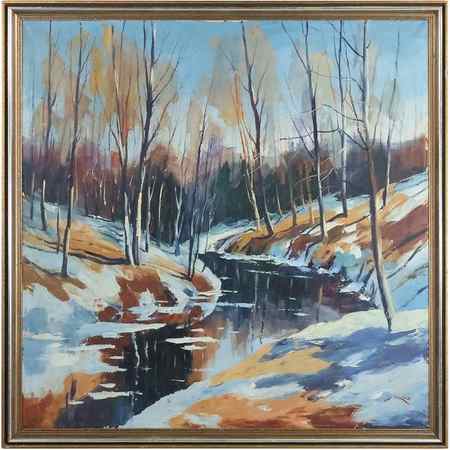 Axel Lind, 1907-2011 Demark, Oil on Canvas Painting Winter Landscape with Stream, Framed