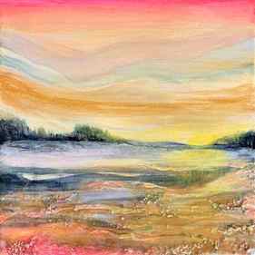 SUNSET GLOW 2, Modern Landscape Colorful Abstract Warm Pink Yellow Minimalist Desert Trees Sky Small Contemporary Acrylic Painting (2 of 2 in Series) thumb