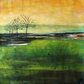 Romance at Sunset 1, Rustic Landscape Green Yellow Original Painting with Acrylic on Unstretched Canvas 54 x 54 inches by Irena Orlov thumb