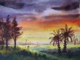 Rural Sunset -Watercolor on paper thumb
