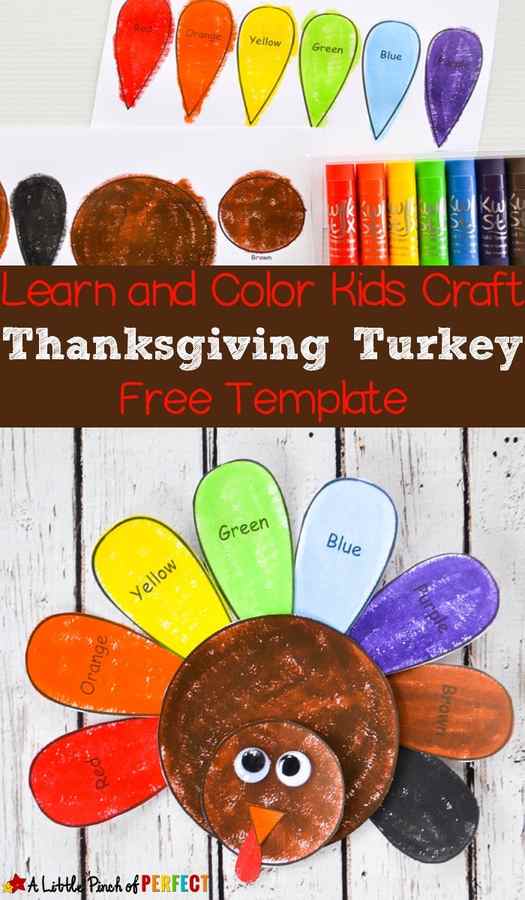 Learn and Color Thanksgiving Turkey Craft and Free Template for Kids: Free Printable comes in two versions so kids color turkey freely or follow the labels to learn colors. (November, Fall, Preschool, Kindergarten) 