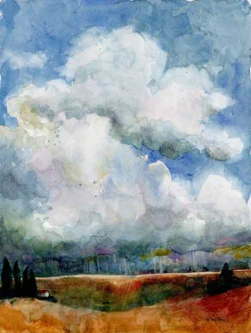 big puffy storm clouds over a sliver of copper colored landscape in a watercolor painting
