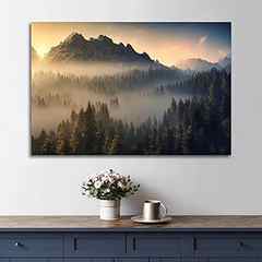 YokiMino Sunrise Foggy Forest Mountain Canvas Wall Art - Nature Pine Trees Landscape Photography Framed Print for Living R. 