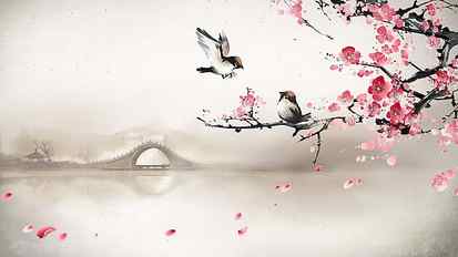 two bird and cherry blossom tree clip art, bridge, fog, river HD wallpaper