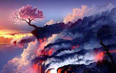 cherry blossom tree near flowing lava digital wallpaper, digital art HD wallpaper