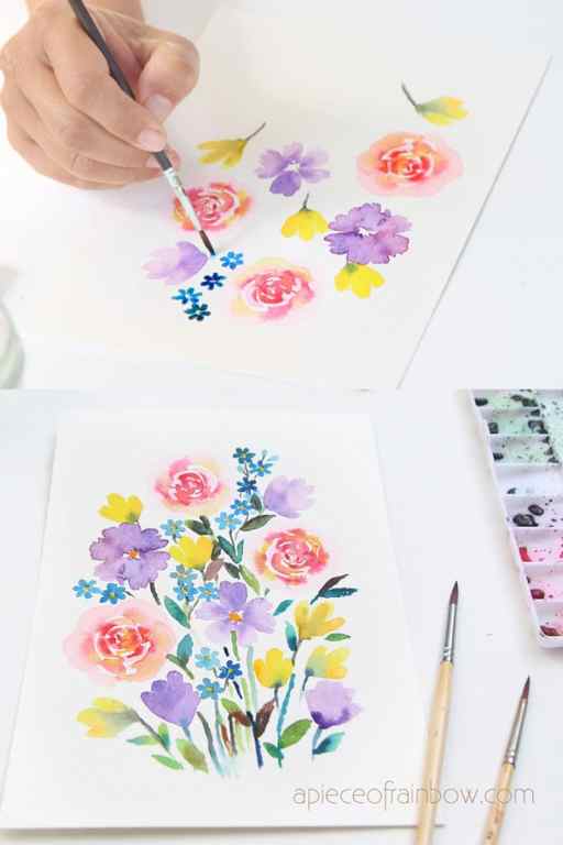 add more groups of watercolor flowers with different colors, shapes and sizes 