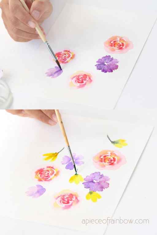 painting purple and yellow flowers in watercolor