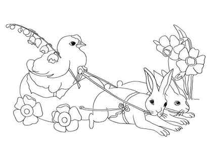 Coloring page for Easter: Two hares pulling a cart with a mother hen. 