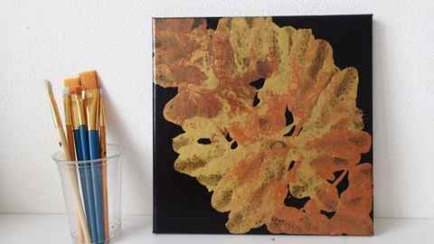 Video. How to create an easy abstract Fall or leaf painting using acrylics paints in metallic colors and blowing the paint. Tutorial.