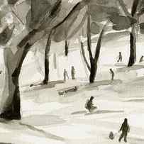 Sledding in the Snow Watercolor Painting of Central Park NYC by Beverly Brown