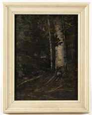 Oil Painting of a Forest by Harry Johnson.: An Oil painting on board of a birch tree in a dark woods. The Attribute en verso reads, 