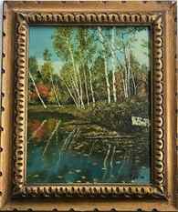 Forest Landscape Oil Painting, Signed POHL 1973: American Forest interior birch tree landscape oil painting, signed and dated by the artist, Pohl, 1973 (lower right). Oil on canvas board. Dimensions: Wood frame: 16 in. x 20 in., Canvas board: 12 in.