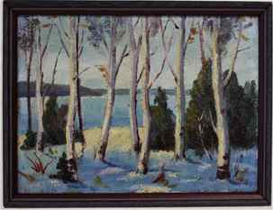 Birch Trees Winter Oil Painting: birch trees in winter landscape by lake, unsigned, quality wide framing, image size 5 in. x 7 in.