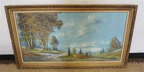FRAMED OIL ON CANVAS LANDSCAPE: FRAMED OIL PAINTING ON CAVAS LANDSCAPE WITH BIRCH TREES, APPROXIMATELY 30 IN X 54 IN