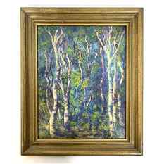 EDWIN S CLYMER oil painting on board birch trees in forest: EDWIN S CLYMER oil painting on board birch trees in forest Dimensions: H: 14.5 inches: W: 11.5 inches: Frame Height: 18.5 inches: Frame Width: 15.25 inches --- Uniques is closed for the holiday throug