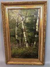 D.B. Coomes, '92, oil painting on canvas, birch: D.B. Coomes, '92, oil painting on canvas, birch trees. Cardstock and foam screwed onto back-- Dimensions: Image Size: H: 23.5 inches: W: 13.5 inches ---