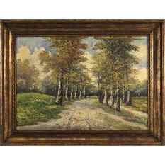 O Cirano, Oil Canvas Painting Road Through Birch Trees: O Cirano, Oil on Canvas Painting Road Through Birch Trees; signed, framed, vntage.; 20 x 28 inches image, 26 x 35 inches outside frame