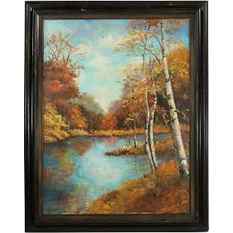 Signed Illegible Oil on Canvas Painting Birch Trees At River Edge , Framed: Signed Illegible Oil on Canvas Painting Birch Trees At River Edge size: 40 x 30, 47.25 x 37.25 outside frame
