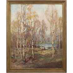 John Wells James (1873 - 1951) Fine Oil on Canvas Birch Trees in Landscape Titled 