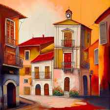 Beautiful Vintage paintings of old village in warm tone colors, Canvas prints