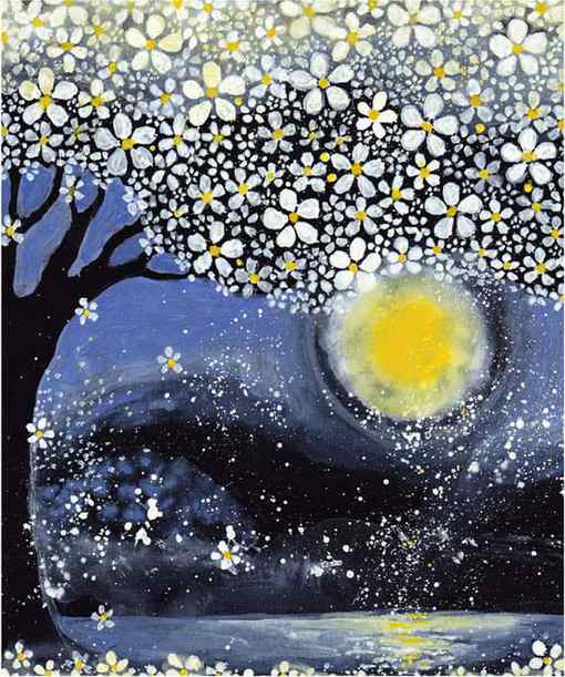 A painting of a flowering tree by the moon