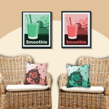 Set of 2 smoothie poster in pink and green with 2 pillows with butterfly pattern in pink and green