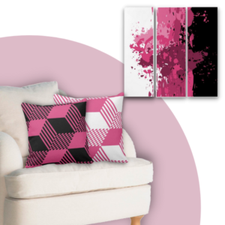Pink splatter art with pink and black diamond patterned pillows