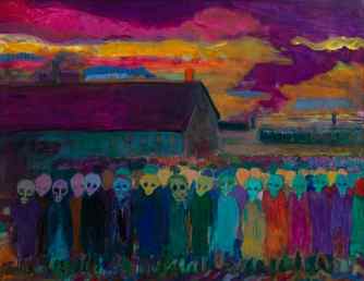 Disturbingly colourful … Roll Call – Belsen, 1944 (1990) by Edith Birkin.
