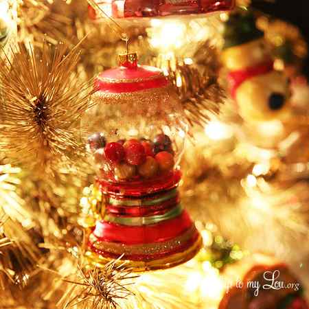 Gum Ball Machine Ornament hanging on the DIY gold Christmas tree. -Skip To My Lou