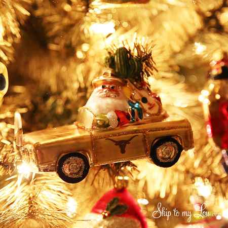 Texas Santa in a car with longhorns Ornament hanging on the DIY gold Christmas tree. -Skip To My Lou