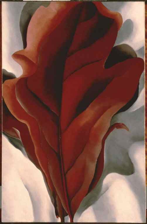 Vertical painting of a small pile of large dark red leaves with curved edges against a white and grey background.The appear to almost be on a piece of white fabric.